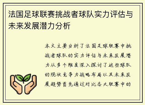 法国足球联赛挑战者球队实力评估与未来发展潜力分析