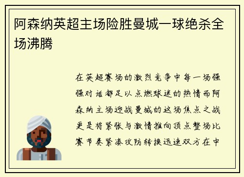 阿森纳英超主场险胜曼城一球绝杀全场沸腾